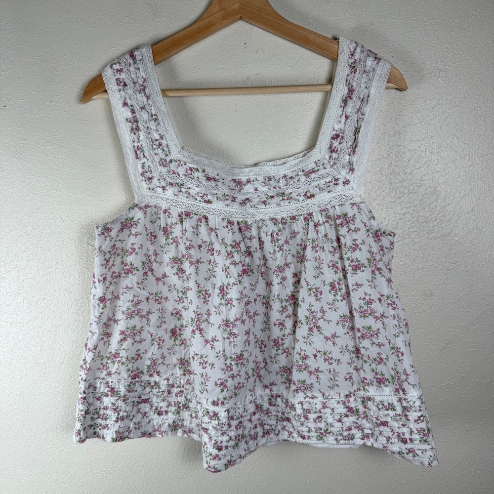 Rachel Ashwell Womens Small Pink Floral Cotton Lace Trim Pintuck Tank Top